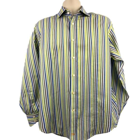 Thomas Dean green blue striped long sleeve shirt - Picture 1 of 5